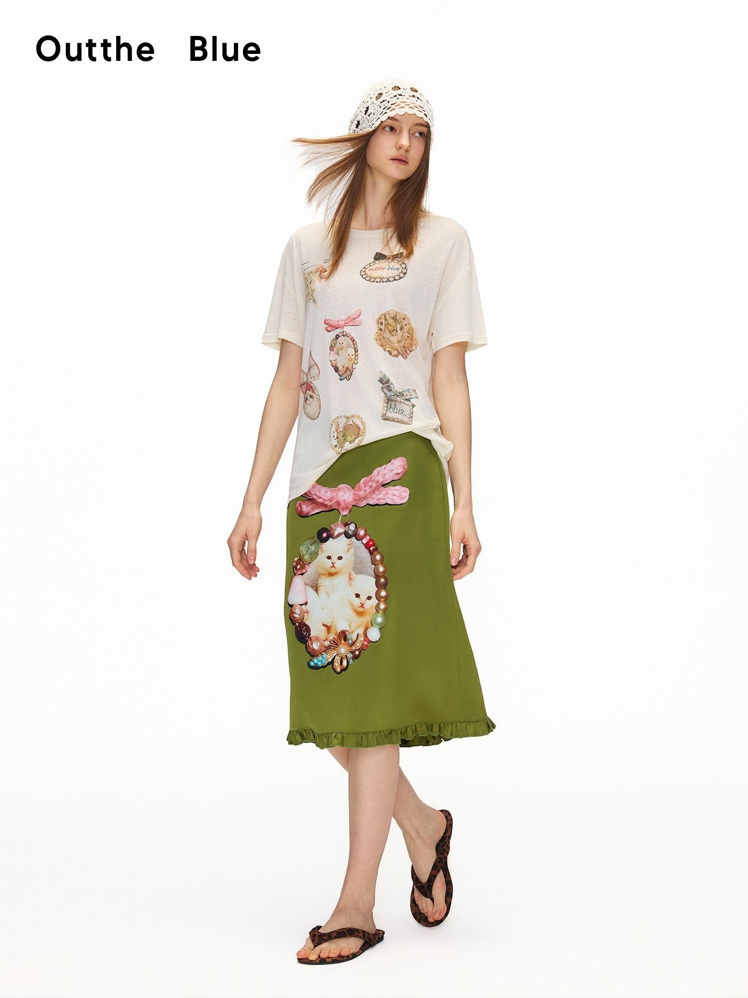 OuttheBlue Flattering Ruffle Print A Line Mid Waist Women Olive Green Polyester Midi Skirts