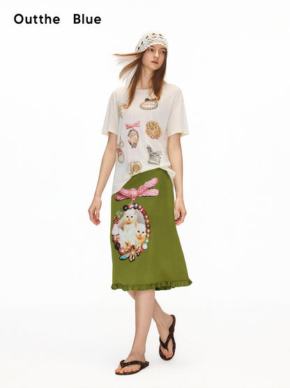 OuttheBlue Flattering Ruffle Print A Line Mid Waist Women Olive Green Polyester Midi Skirts