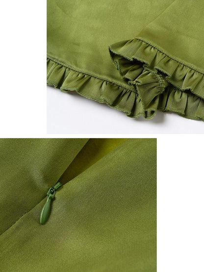 OuttheBlue Flattering Ruffle Print A Line Mid Waist Women Olive Green Polyester Midi Skirts