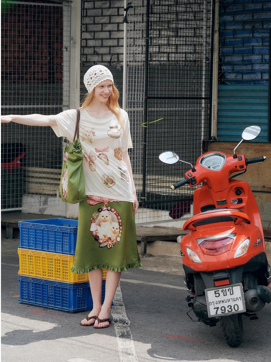 OuttheBlue Flattering Ruffle Print A Line Mid Waist Women Olive Green Polyester Midi Skirts