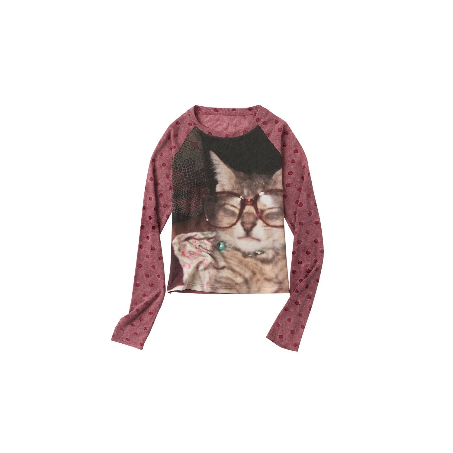 OuttheBlue Flocked Sleepy Cat Polka Dot Slim Fit Raglan Crewneck Women Long Sleeve T-Shirts