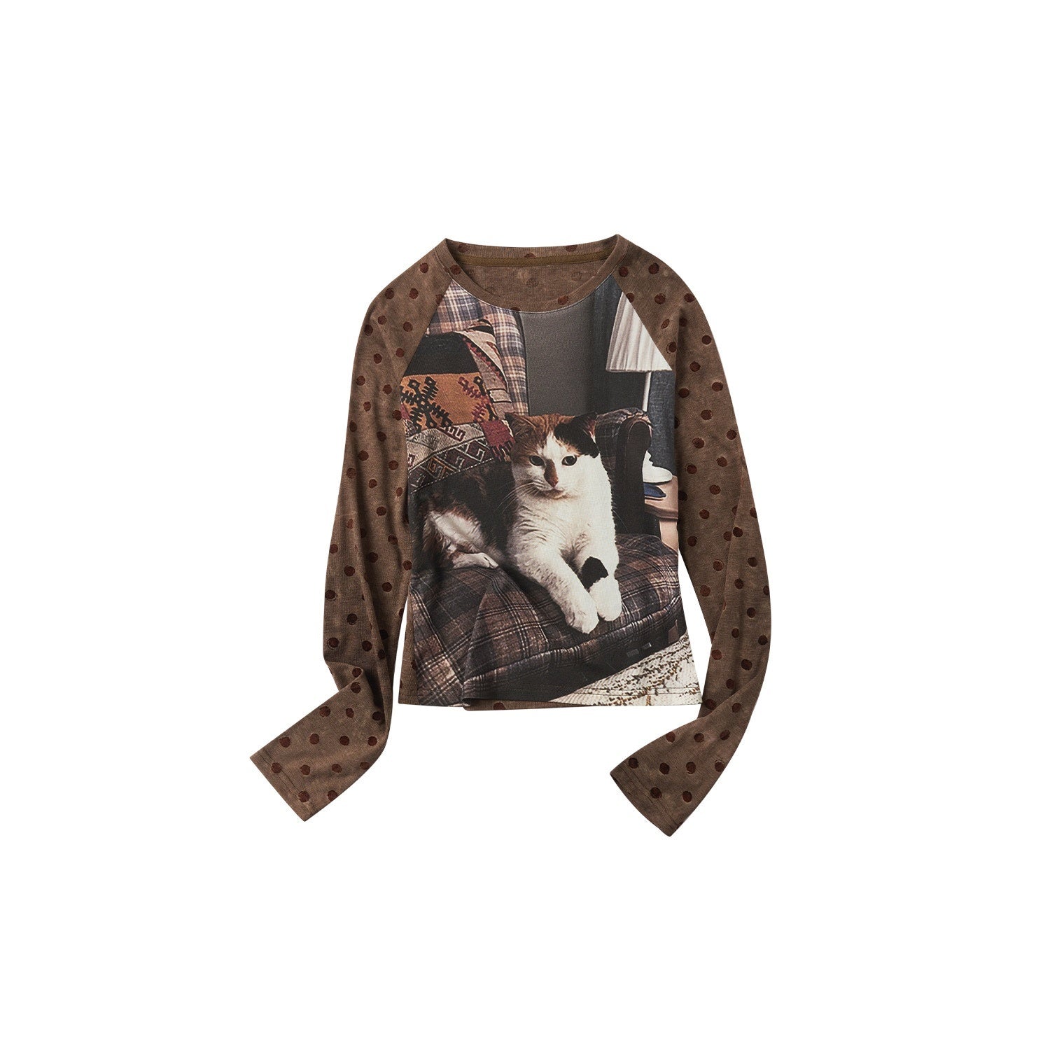 OuttheBlue Flocked Sleepy Cat Polka Dot Slim Fit Raglan Crewneck Women Long Sleeve T-Shirts