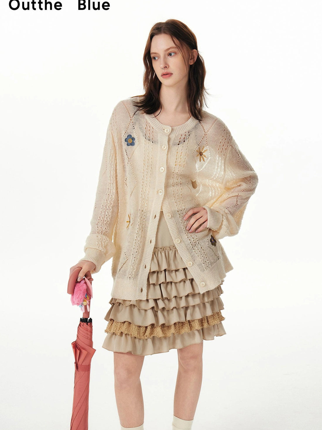 OuttheBlue Floral Embroidered Wool Cardigan V-neck Long Sleeve