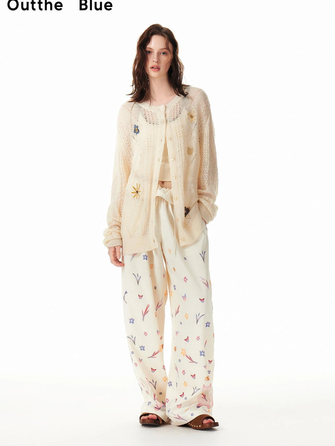 OuttheBlue Floral Embroidered Wool Cardigan V-neck Long Sleeve