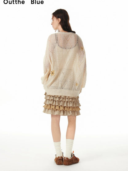OuttheBlue Floral Embroidered Wool Cardigan V-neck Long Sleeve