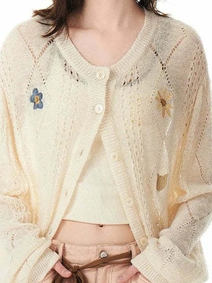 OuttheBlue Floral Embroidered Wool Cardigan V-neck Long Sleeve