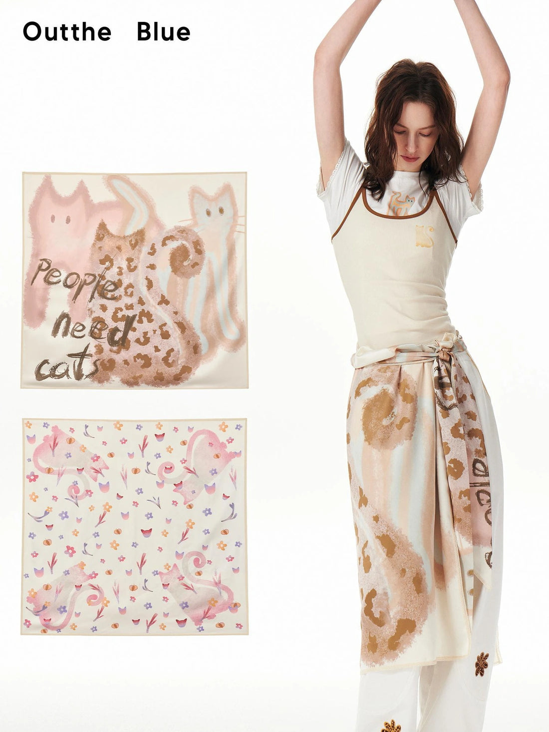 OuttheBlue Floral Lace Satin Scarf With Cat Print