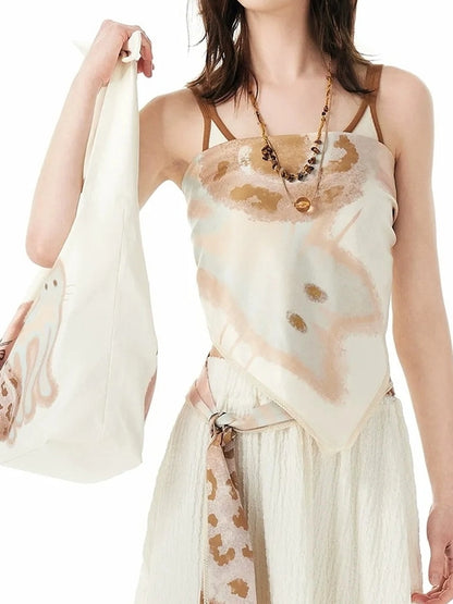 OuttheBlue Floral Lace Satin Scarf With Cat Print