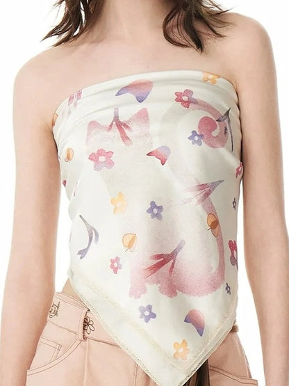 OuttheBlue Floral Lace Satin Scarf With Cat Print