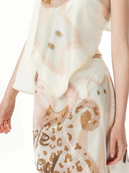 OuttheBlue Floral Lace Satin Scarf With Cat Print