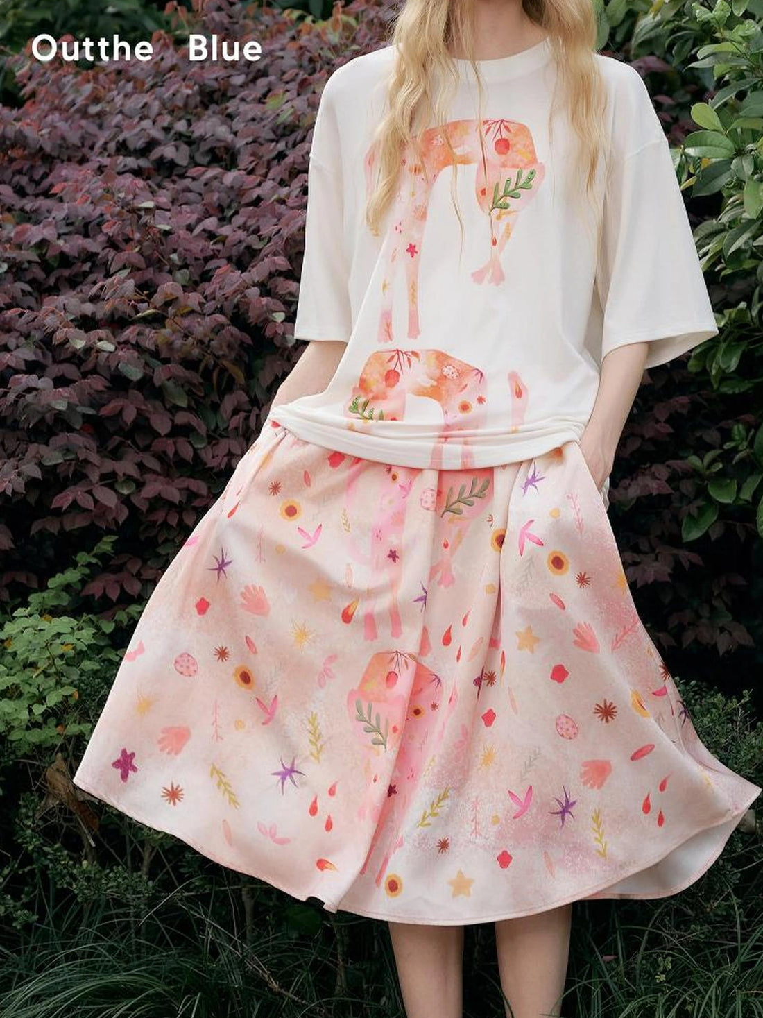 OuttheBlue Floral Print A Line Satin Midi Skirt