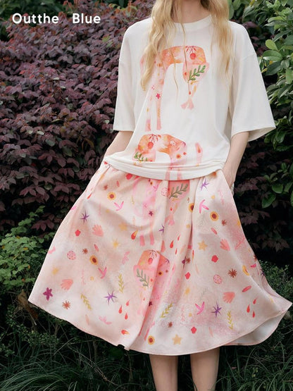 OuttheBlue Floral Print A Line Satin Midi Skirt