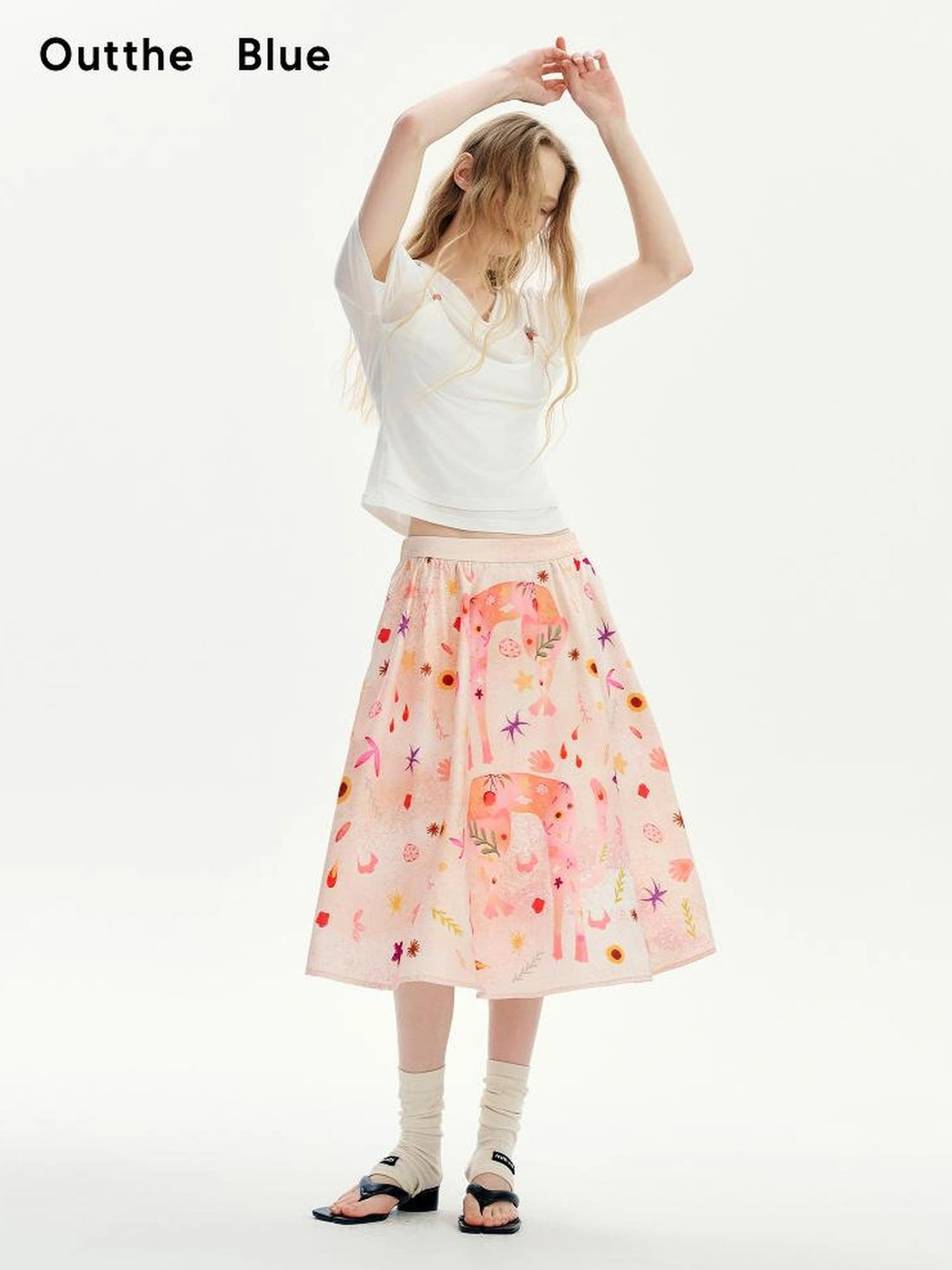 OuttheBlue Floral Print A Line Satin Midi Skirt