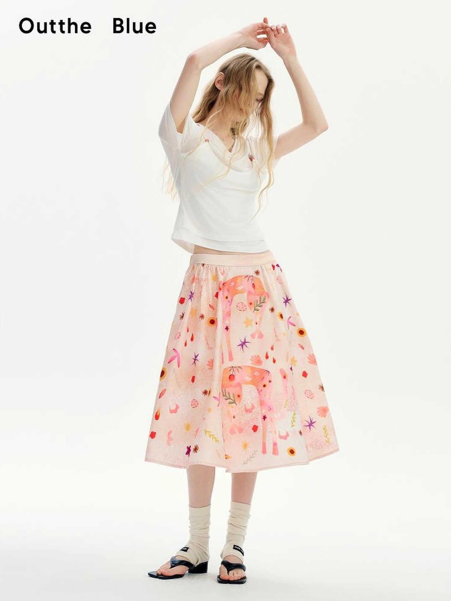 OuttheBlue Floral Print A Line Satin Midi Skirt
