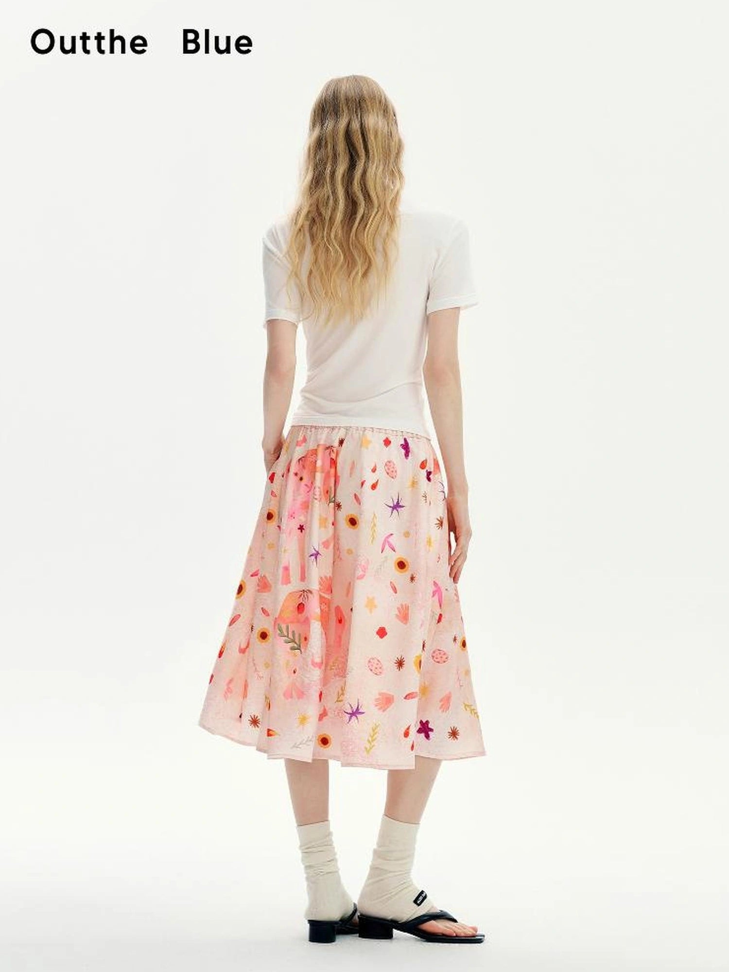 OuttheBlue Floral Print A Line Satin Midi Skirt