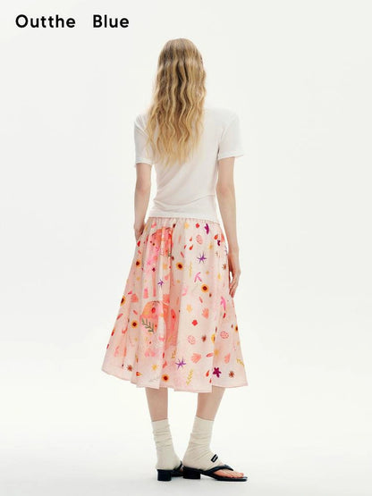 OuttheBlue Floral Print A Line Satin Midi Skirt