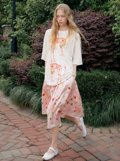 OuttheBlue Floral Print A Line Satin Midi Skirt