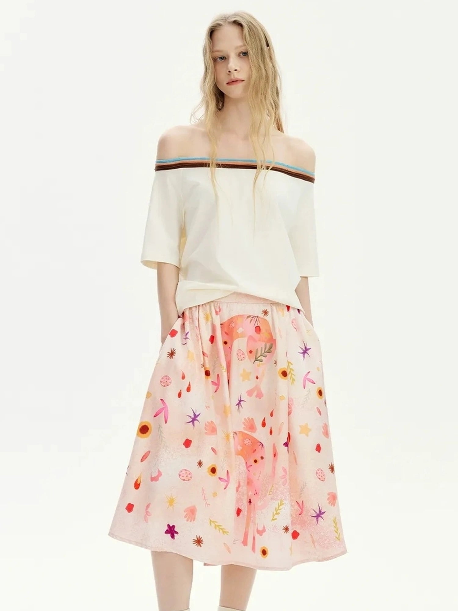 OuttheBlue Floral Print A Line Satin Midi Skirt