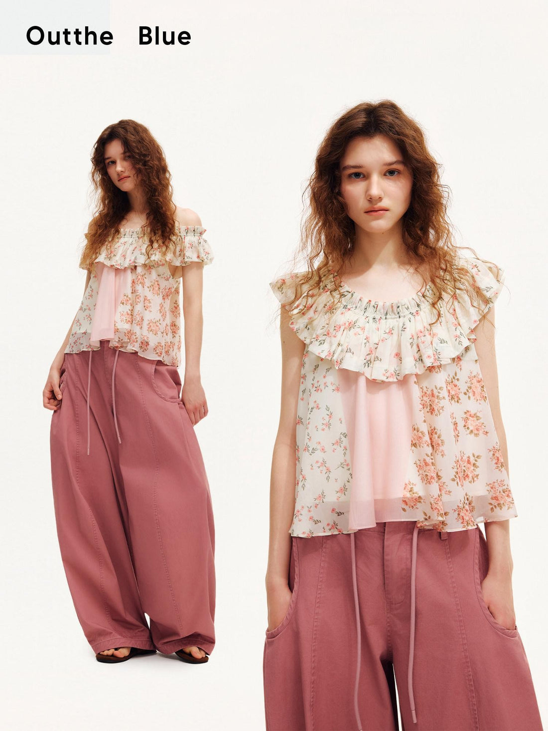 OuttheBlue Floral Print Off Shoulder Ruffle Hem A Line Women&