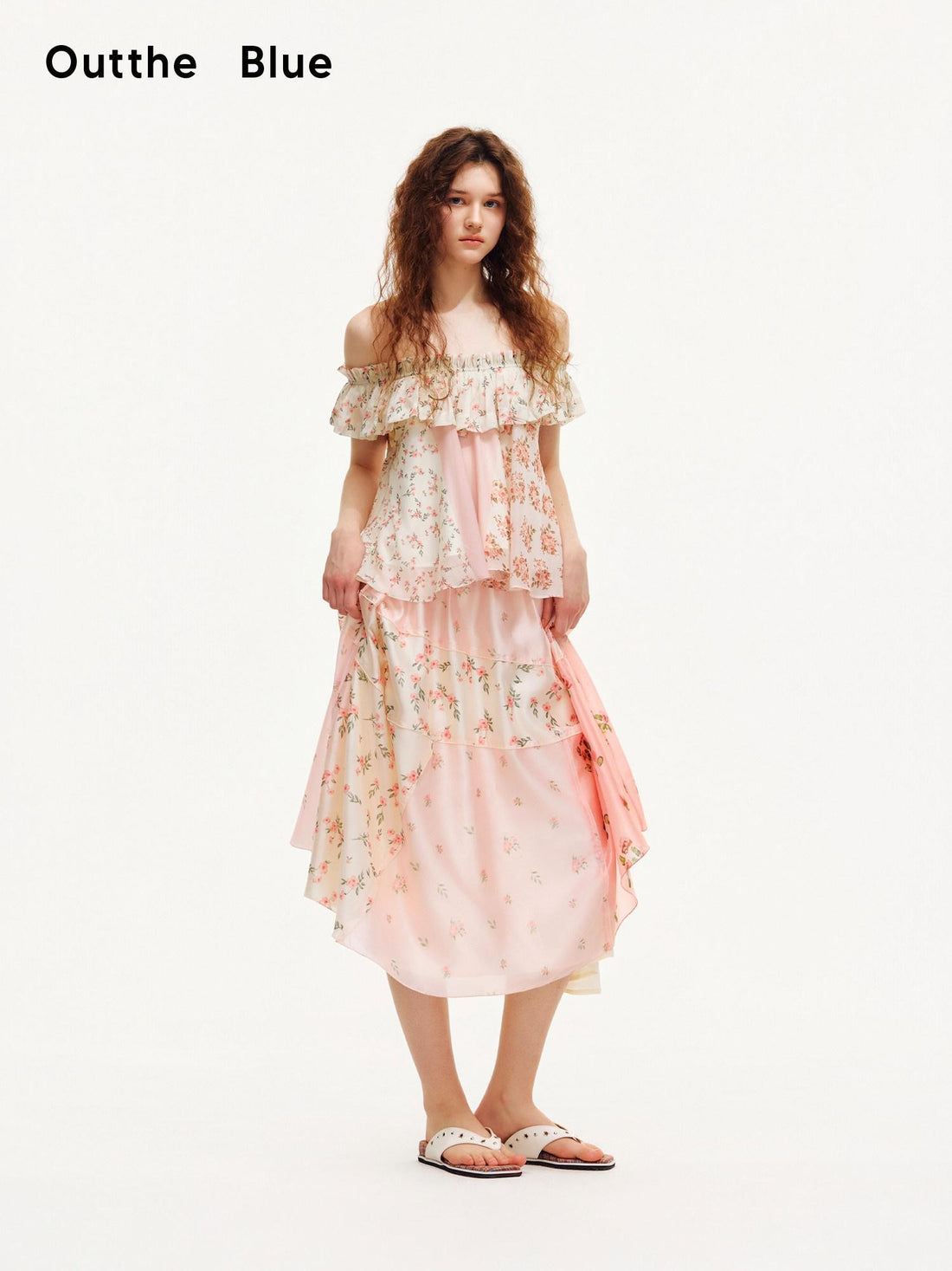 OuttheBlue Floral Print Off Shoulder Ruffle Hem A Line Women&