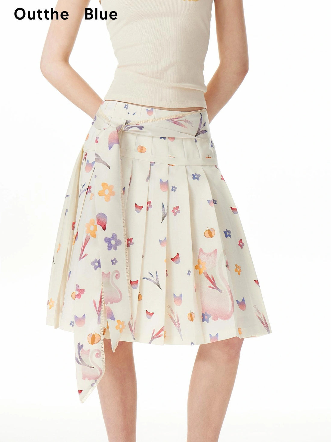 OuttheBlue Floral Print Pleated Midi Skirt With Cat Motif