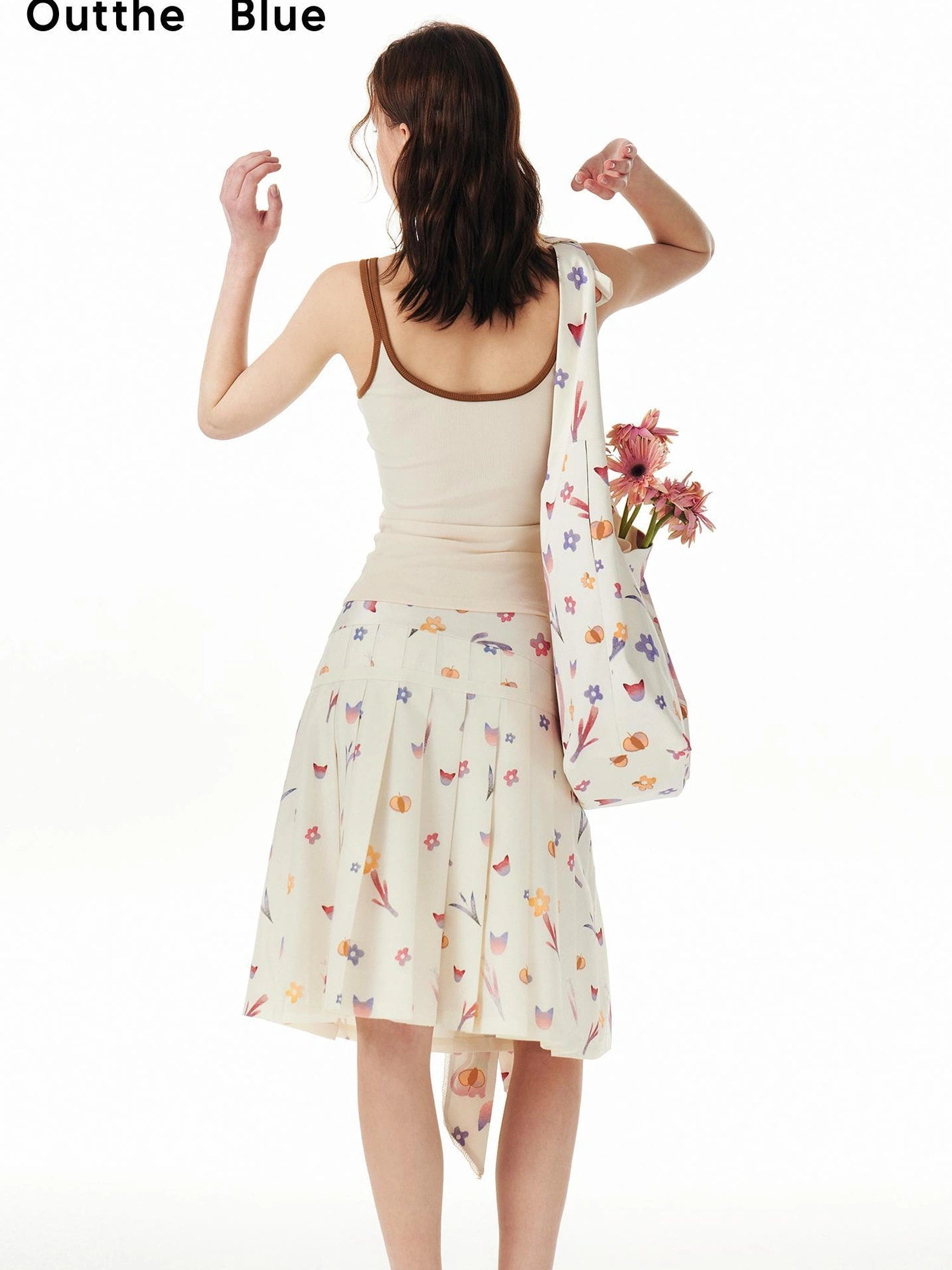 OuttheBlue Floral Print Pleated Midi Skirt With Cat Motif