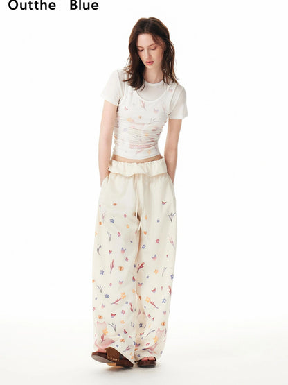 OuttheBlue Floral Print Tapered Trousers With Drawstring Waist