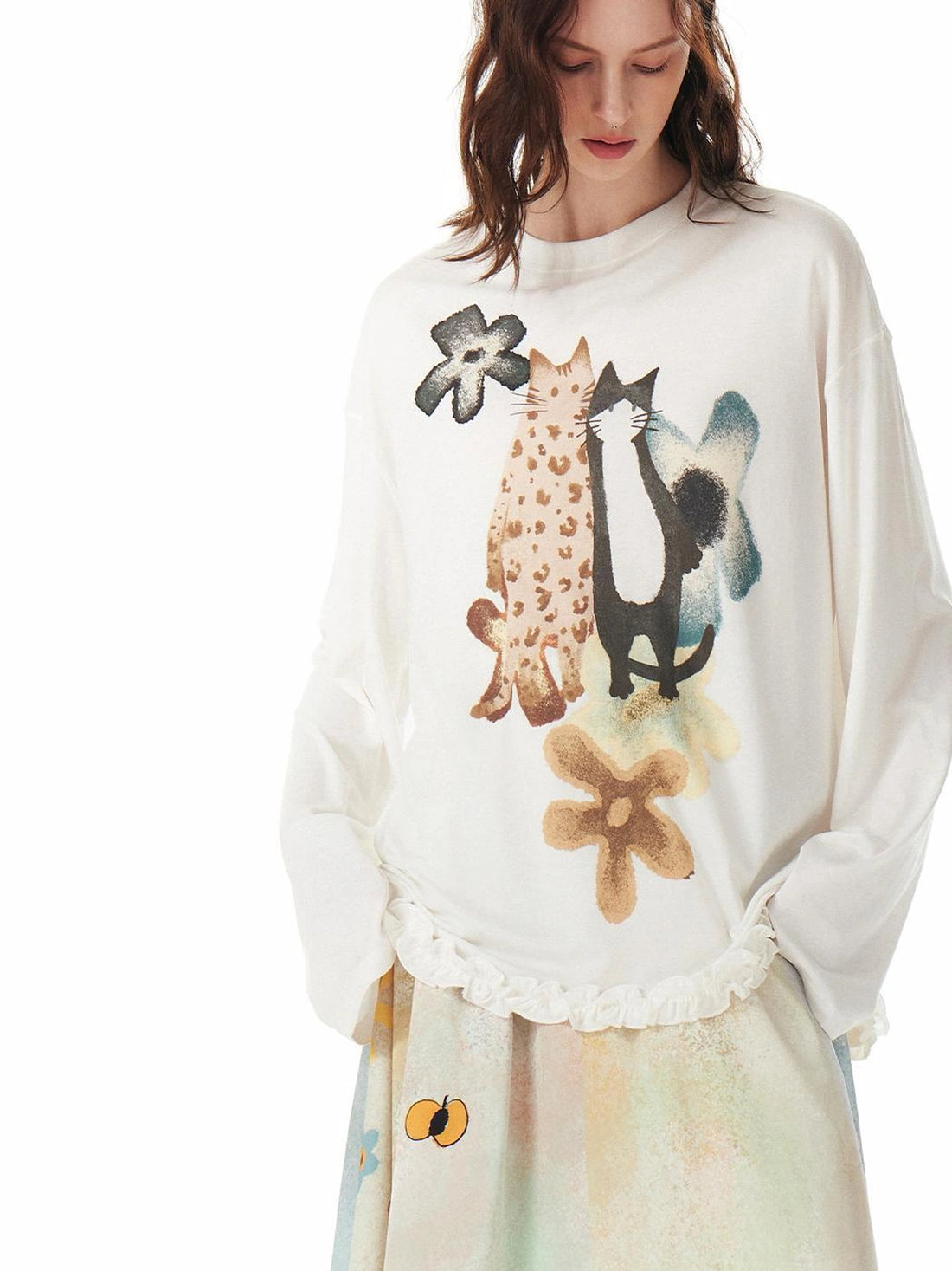 OuttheBlue Floral Print Tencel Blouse With Flounce