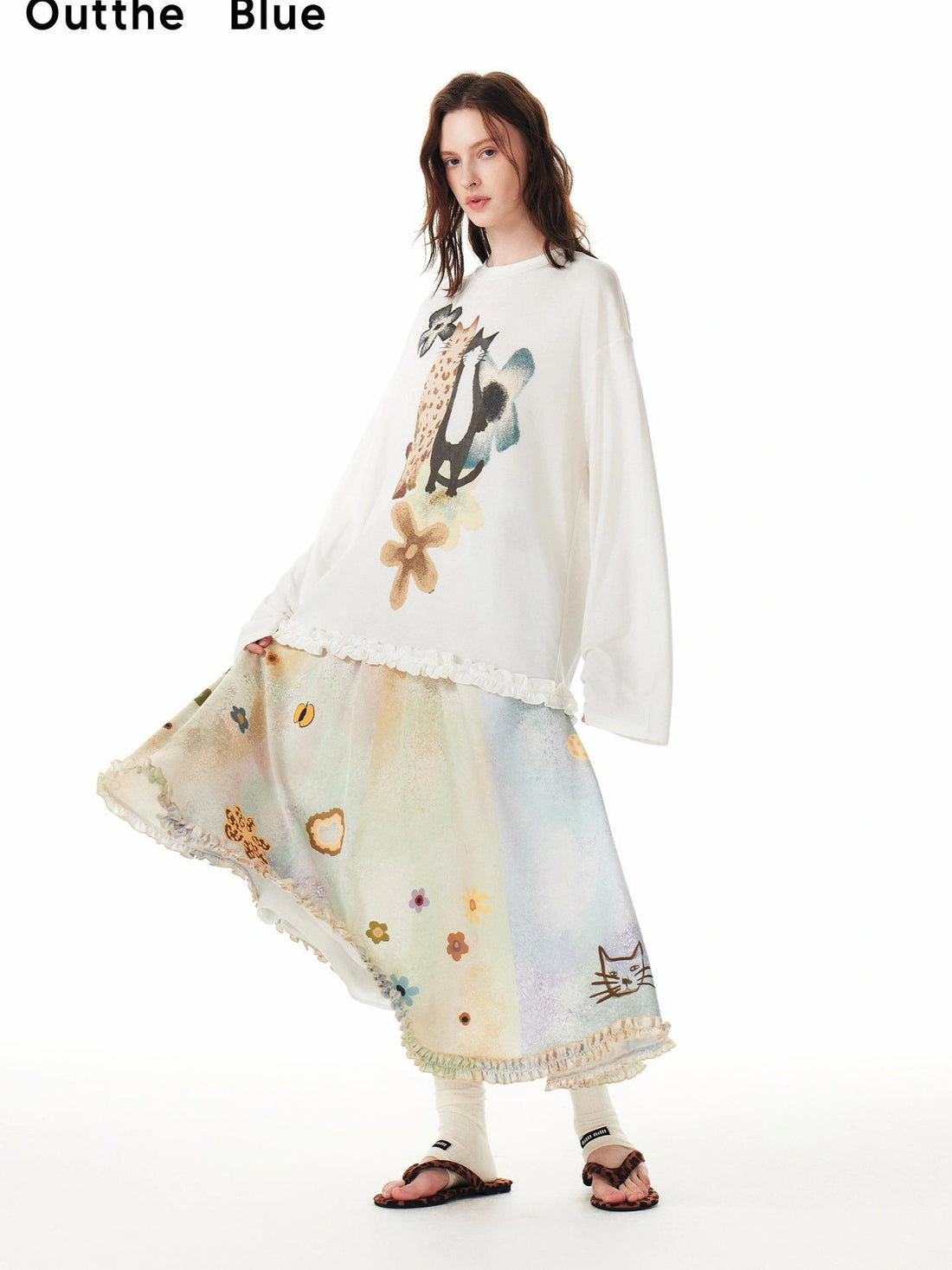 OuttheBlue Floral Print Tencel Blouse With Flounce