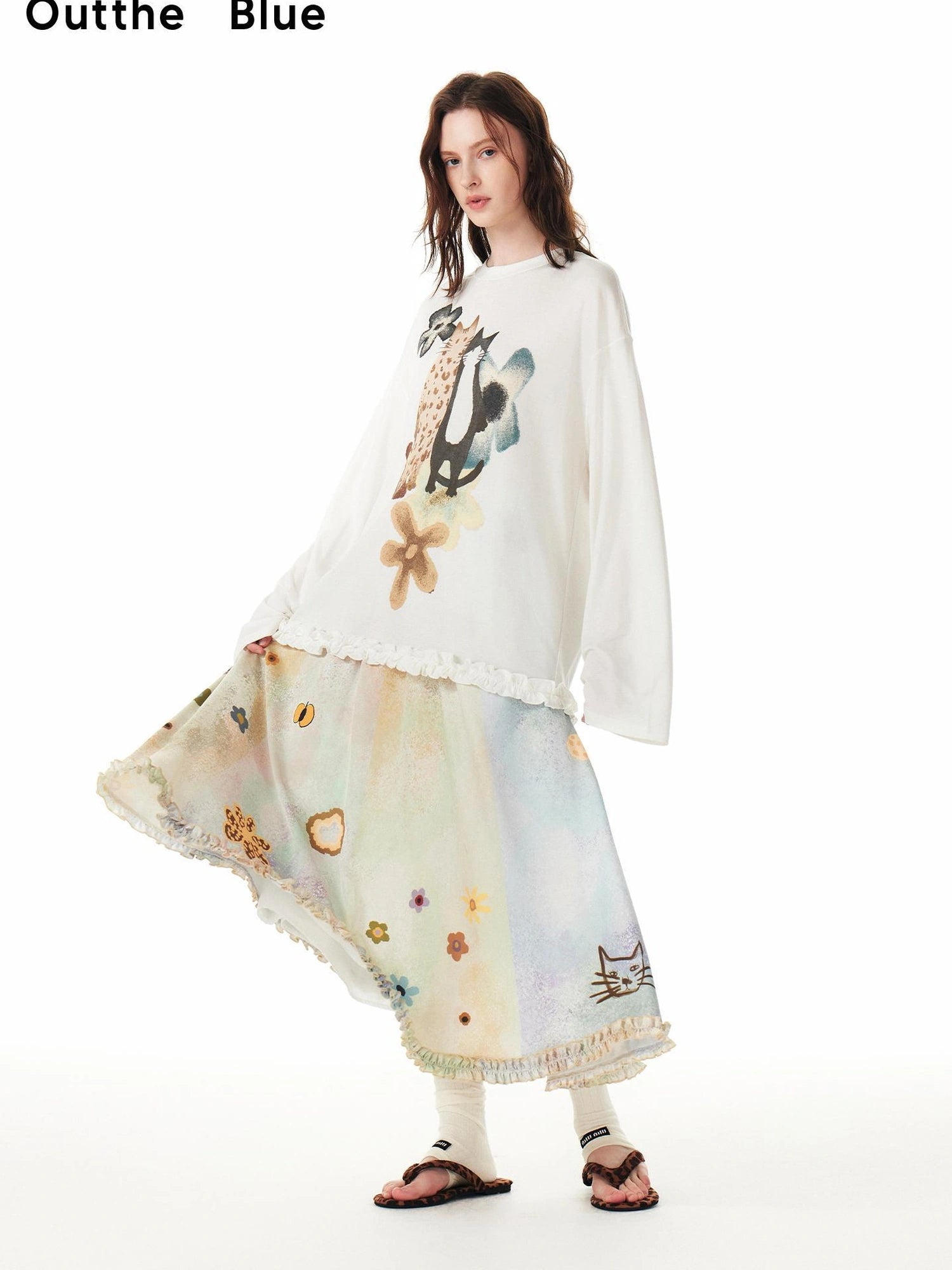 OuttheBlue Floral Print Tencel Blouse With Flounce