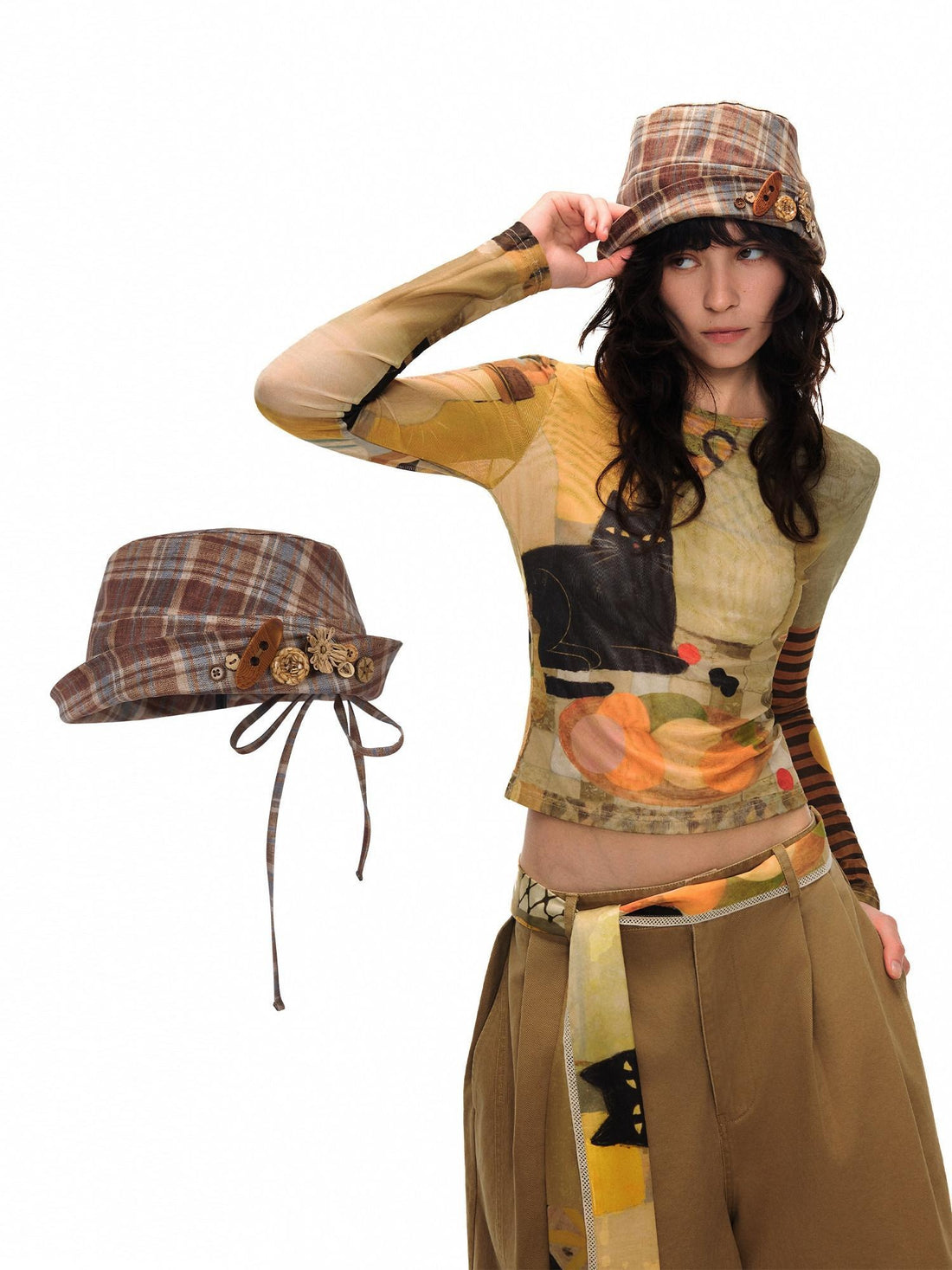 OuttheBlue Foldable Plaid Round Top Polyester Lightweight Casual Travel Women Hats