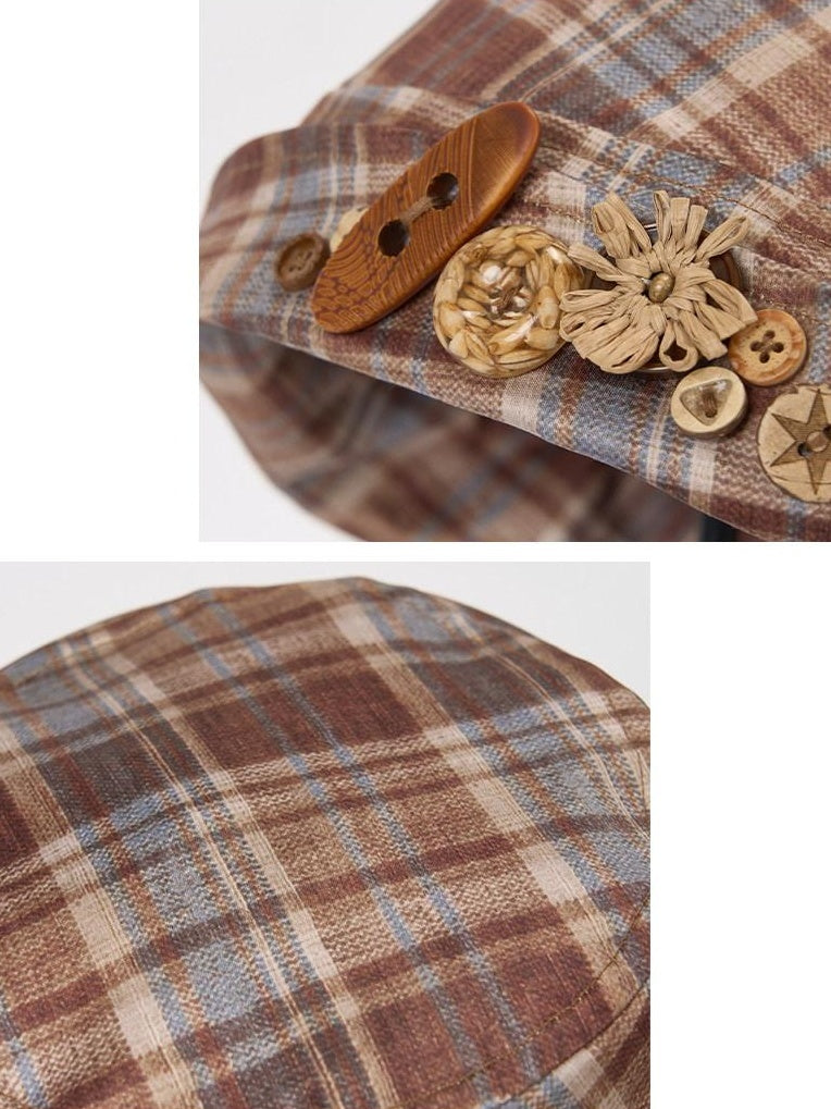 OuttheBlue Foldable Plaid Round Top Polyester Lightweight Casual Travel Women Hats