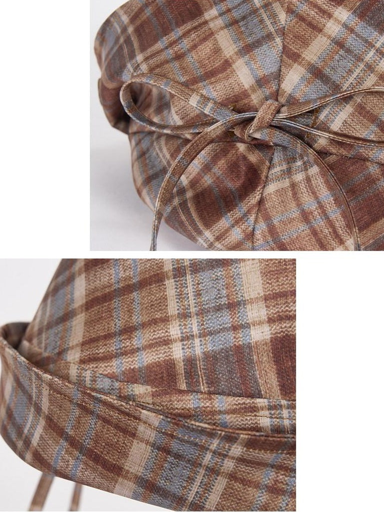 OuttheBlue Foldable Plaid Round Top Polyester Lightweight Casual Travel Women Hats