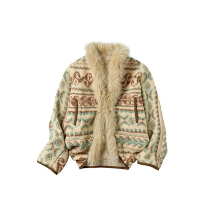 OuttheBlue Fur Collar Loose Midlength Stand Collar Casual Women Fair Isle Polyester Jackets