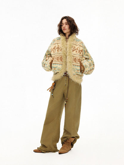 OuttheBlue Fur Collar Loose Midlength Stand Collar Casual Women Fair Isle Polyester Jackets