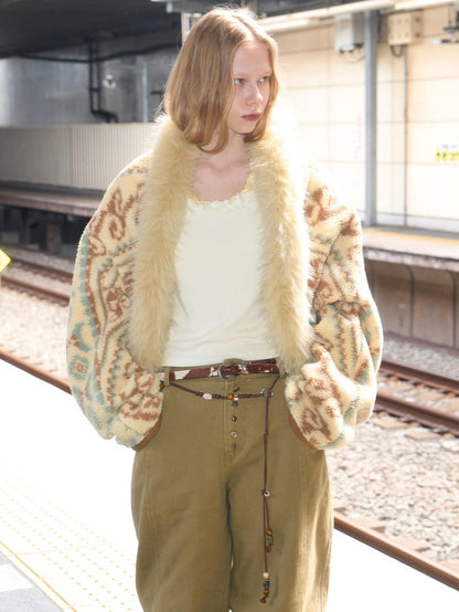 OuttheBlue Fur Collar Loose Midlength Stand Collar Casual Women Fair Isle Polyester Jackets