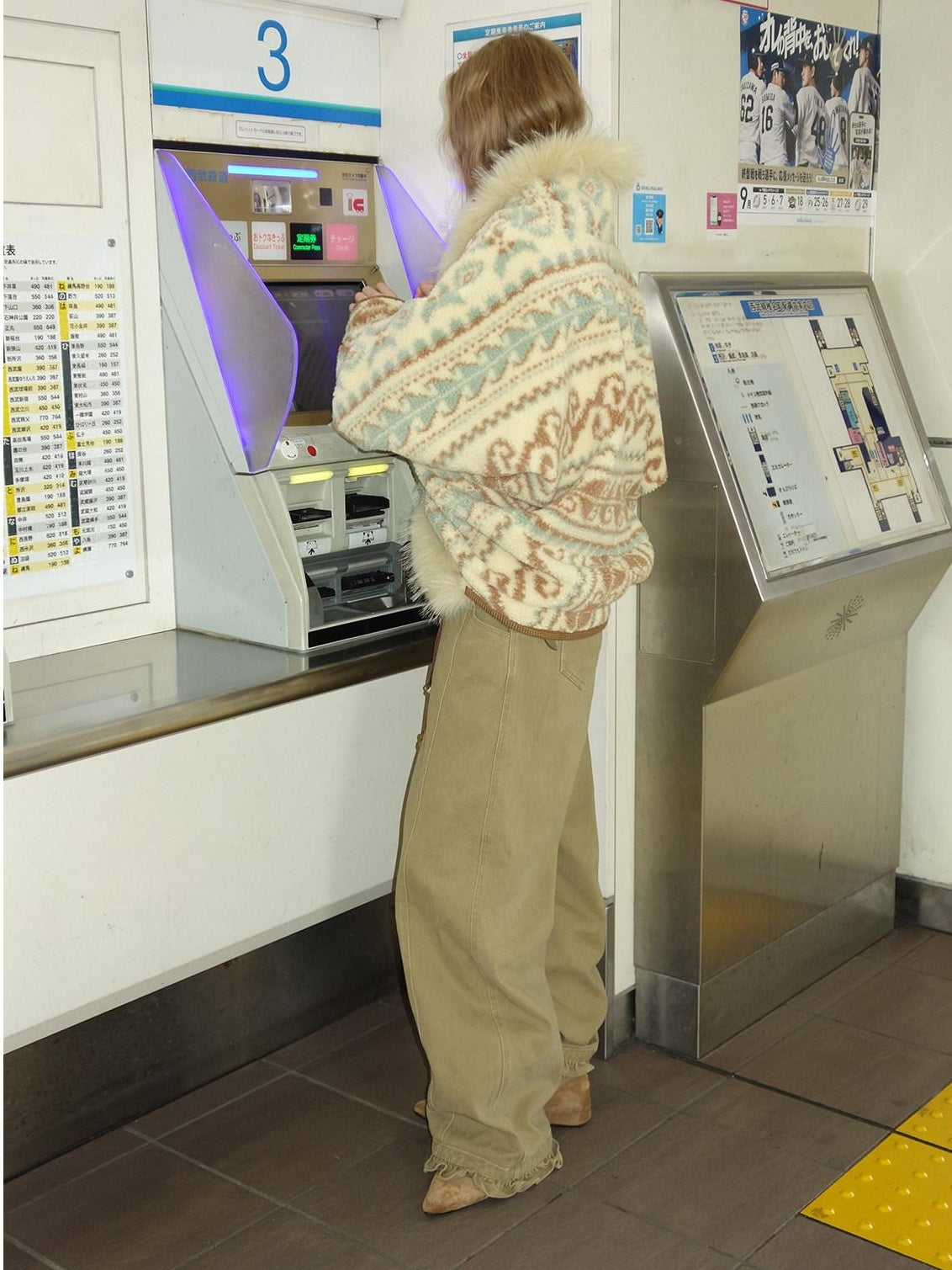 OuttheBlue Fur Collar Loose Midlength Stand Collar Casual Women Fair Isle Polyester Jackets