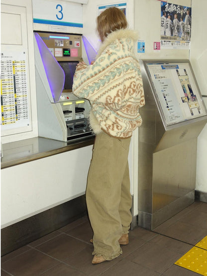 OuttheBlue Fur Collar Loose Midlength Stand Collar Casual Women Fair Isle Polyester Jackets