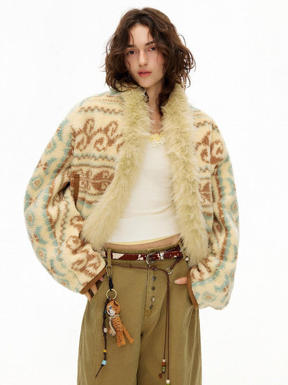 OuttheBlue Fur Collar Loose Midlength Stand Collar Casual Women Fair Isle Polyester Jackets