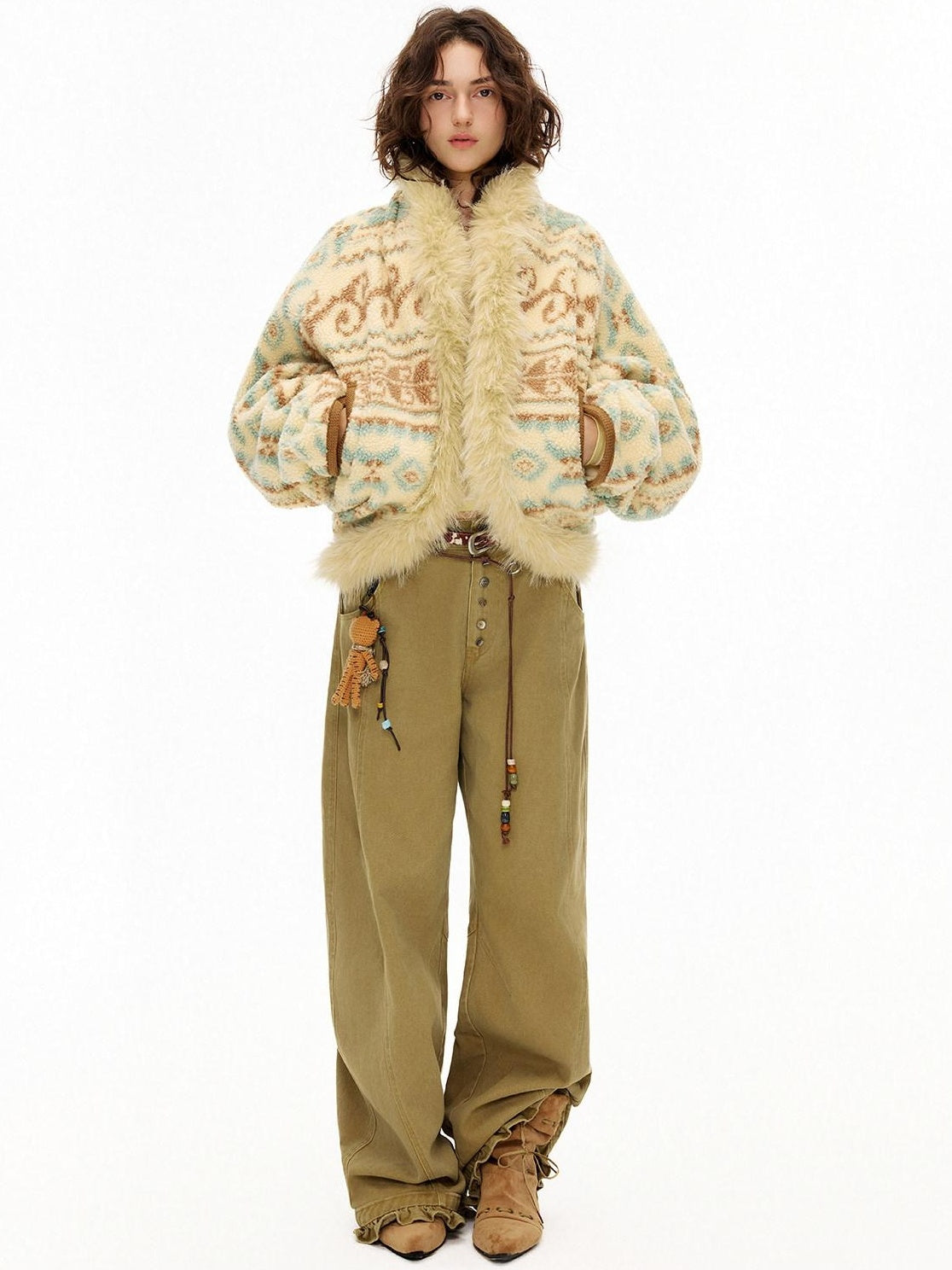 OuttheBlue Fur Collar Loose Midlength Stand Collar Casual Women Fair Isle Polyester Jackets