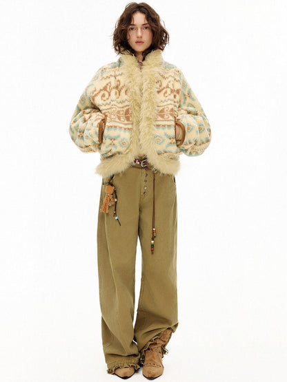 OuttheBlue Fur Collar Loose Midlength Stand Collar Casual Women Fair Isle Polyester Jackets