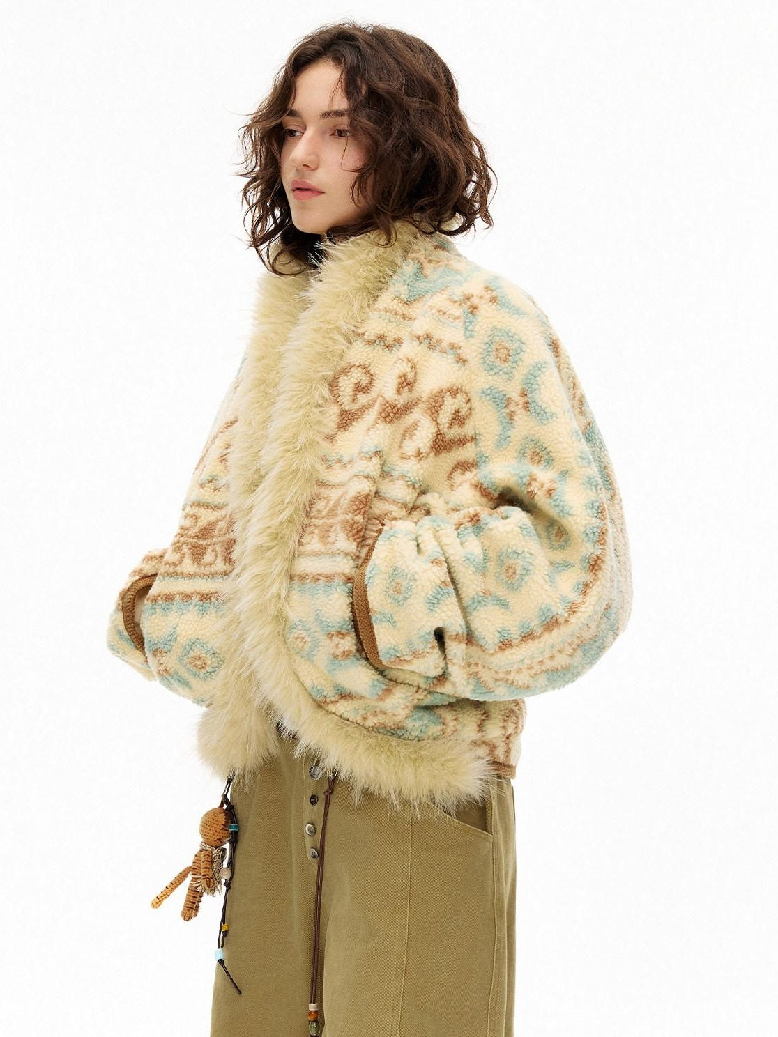 OuttheBlue Fur Collar Loose Midlength Stand Collar Casual Women Fair Isle Polyester Jackets