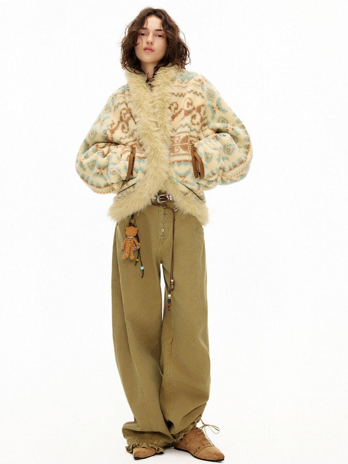 OuttheBlue Fur Collar Loose Midlength Stand Collar Casual Women Fair Isle Polyester Jackets