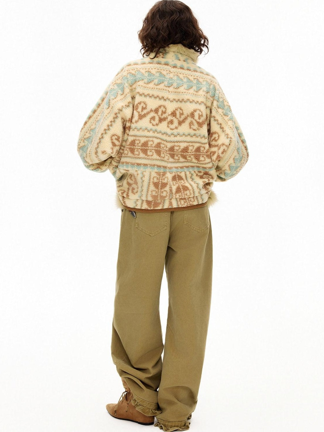 OuttheBlue Fur Collar Loose Midlength Stand Collar Casual Women Fair Isle Polyester Jackets