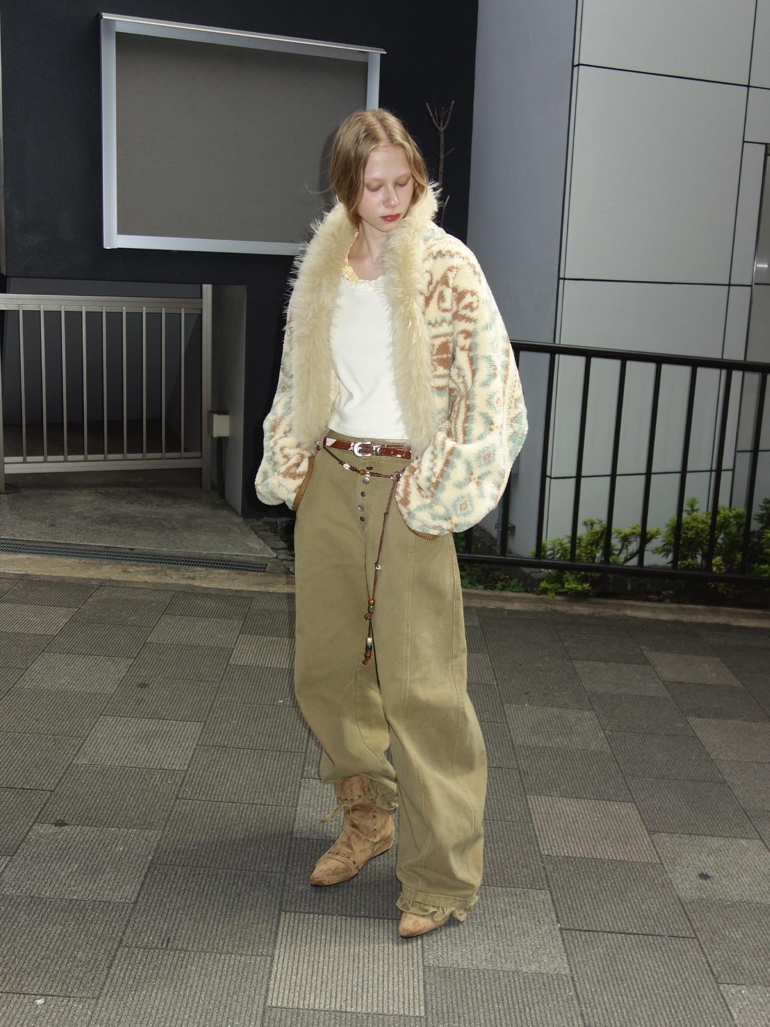 OuttheBlue Fur Collar Loose Midlength Stand Collar Casual Women Fair Isle Polyester Jackets