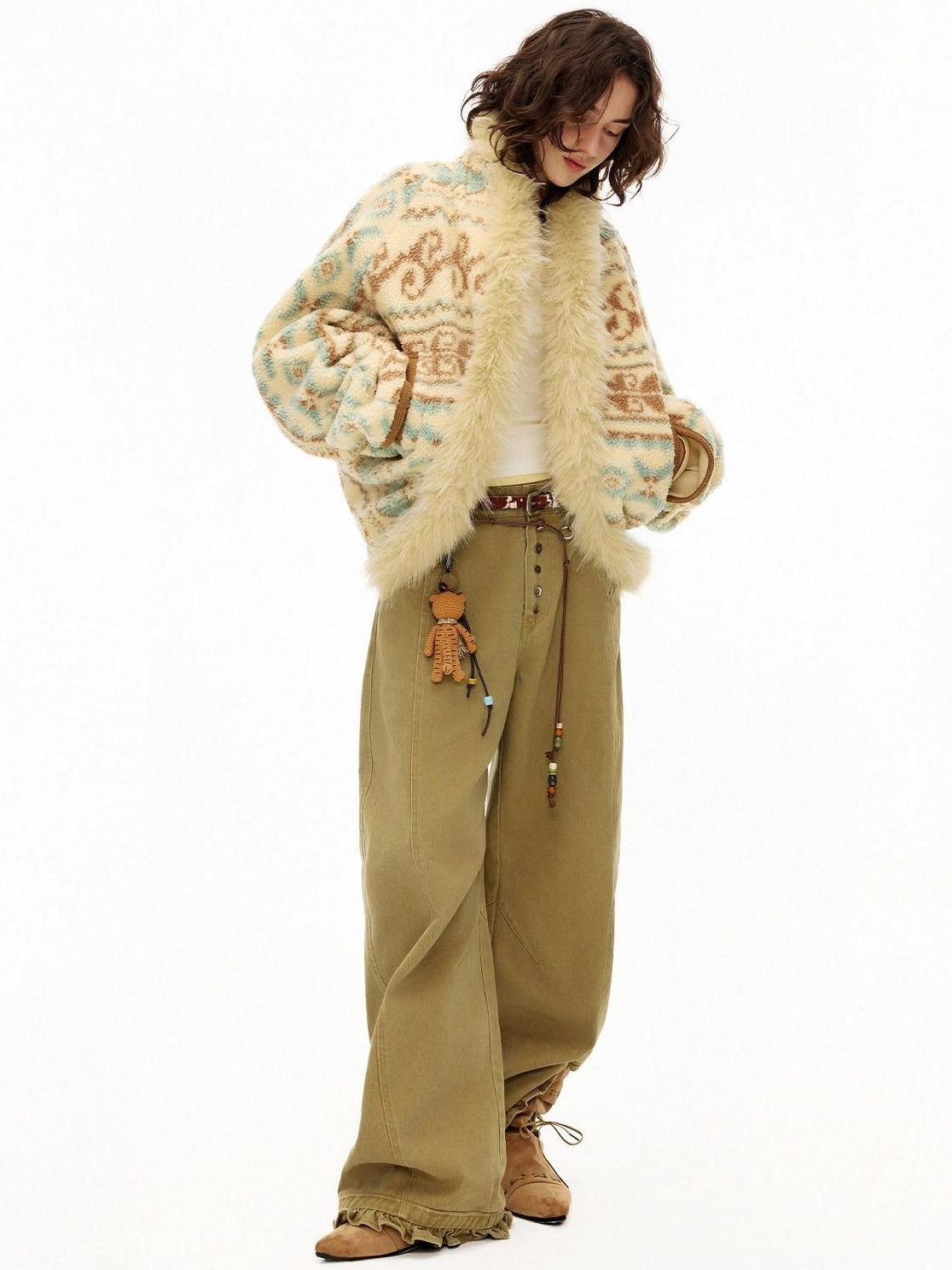 OuttheBlue Fur Collar Loose Midlength Stand Collar Casual Women Fair Isle Polyester Jackets