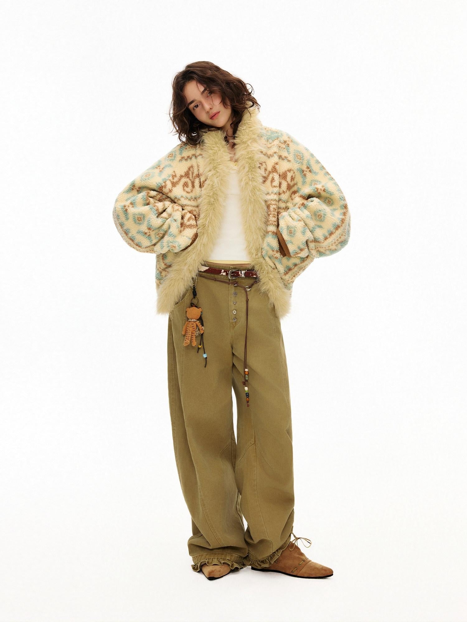 OuttheBlue Fur Collar Loose Midlength Stand Collar Casual Women Fair Isle Polyester Jackets