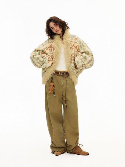 OuttheBlue Fur Collar Loose Midlength Stand Collar Casual Women Fair Isle Polyester Jackets