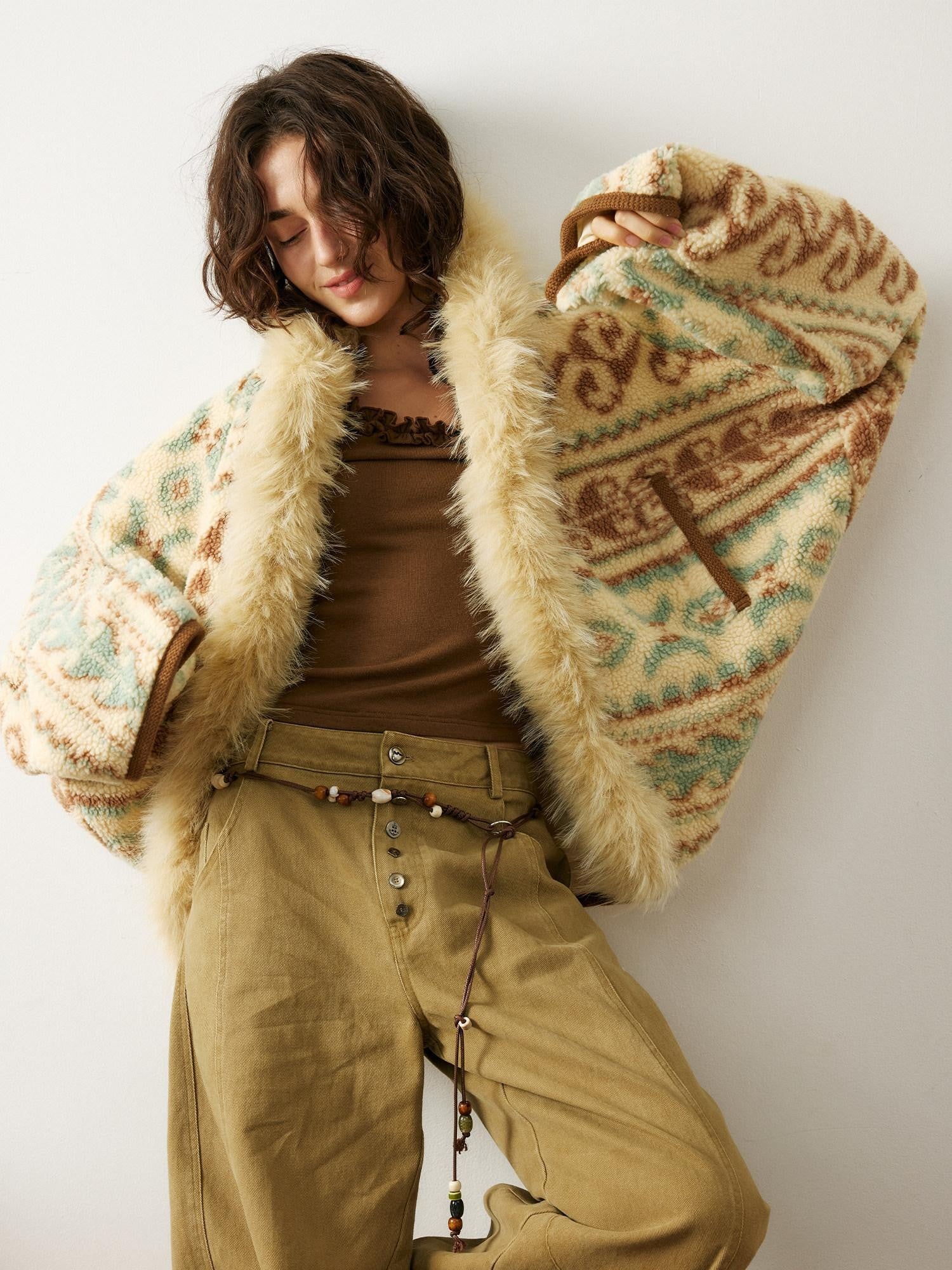 OuttheBlue Fur Collar Loose Midlength Stand Collar Casual Women Fair Isle Polyester Jackets