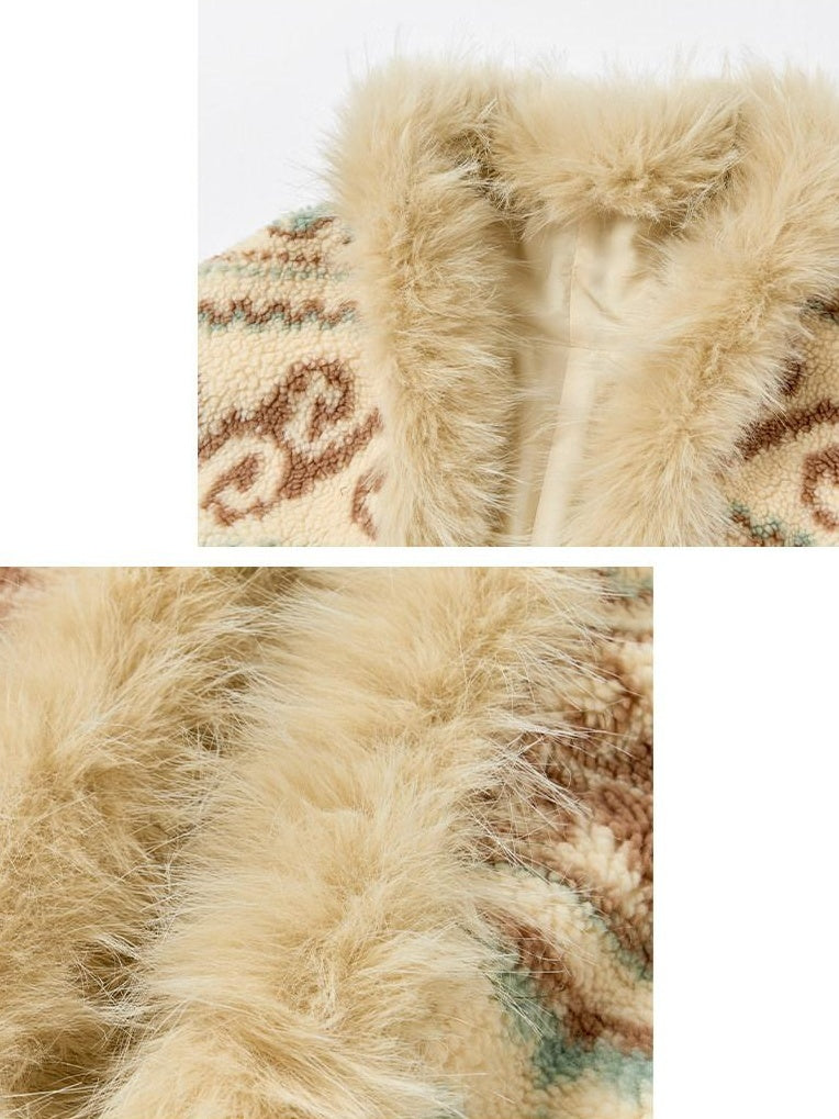 OuttheBlue Fur Collar Loose Midlength Stand Collar Casual Women Fair Isle Polyester Jackets
